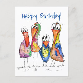 Fyra Cute Colorful Whimsiic Birds Vykort