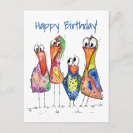 Fyra Cute Colorful Whimsiic Birds Vykort