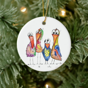 Fyra Cute Whimsic Colorful Birds Julgransprydnad Keramik