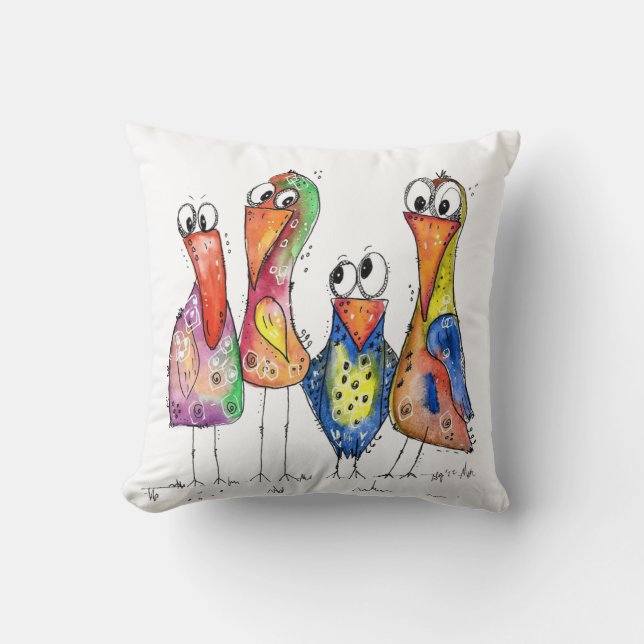 Fyra Cute Whimsic Colorful Birds Kudde (Framsida)