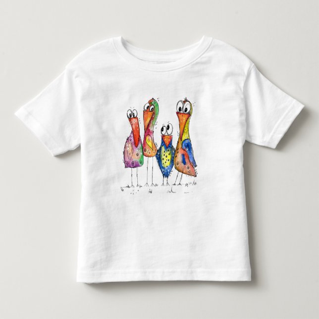 Fyra Cute Whimsic Colorful Birds T-Shirt (Framsida)