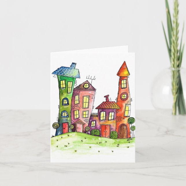 Fyra Cute Whimsical Houses Kort (Framsida)