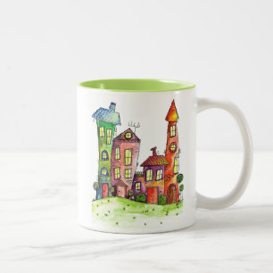 Fyra Cute Whimsical Houses Två-Tonad Mugg
