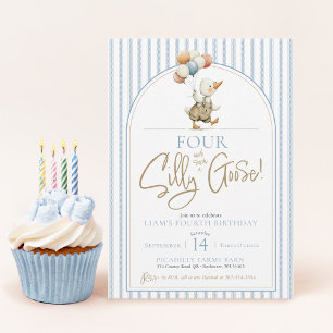 FYRA Dumma Gås Söt Pinstripe Pojke 4-årsdag Inbjudningar