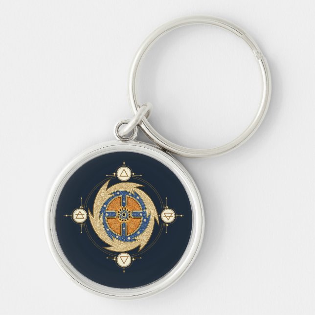 Fyra Elementen Marockansk Mandala Helig Geometri Rund Silverfärgad Nyckelring (Framsidan)