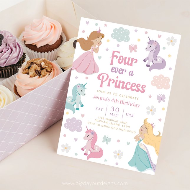 Fyra Evigt Prinsessa Inbjudan. Evigt en Prinsessa  Inbjudningar (Princess and Unicorn Rainbow 4th Birthday Invitation)