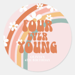 Fyra evigt unga Retro regnbåge 4-årsdag Runt Klistermärke