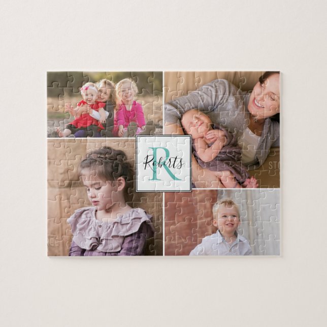 Fyra familjefotografier, monogram och namn pussel (Horisontell)
