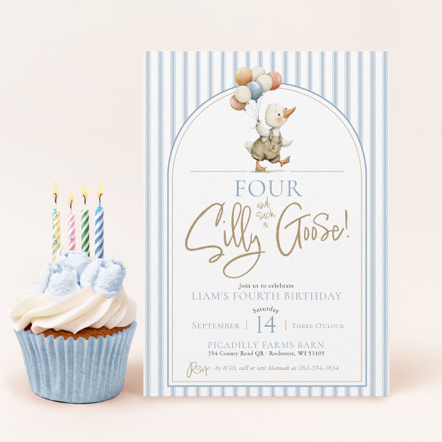 FYRA Fåniget Goose Cute Streck Boy 4e födelsedagen Inbjudningar (FOUR Silly Goose cute modern arch whimsical ticking pinstripe boy 4th birthday party invitation)