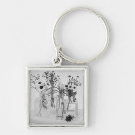 Fyra Flaskor och vita blommor Fyrkantig Silverfärgad Nyckelring