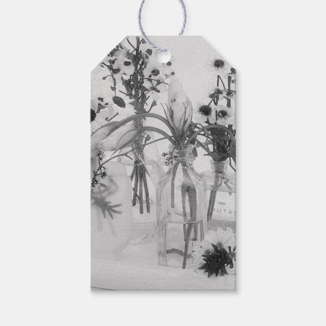 Fyra Flaskor och vita blommor Presentetikett (Framsidan)