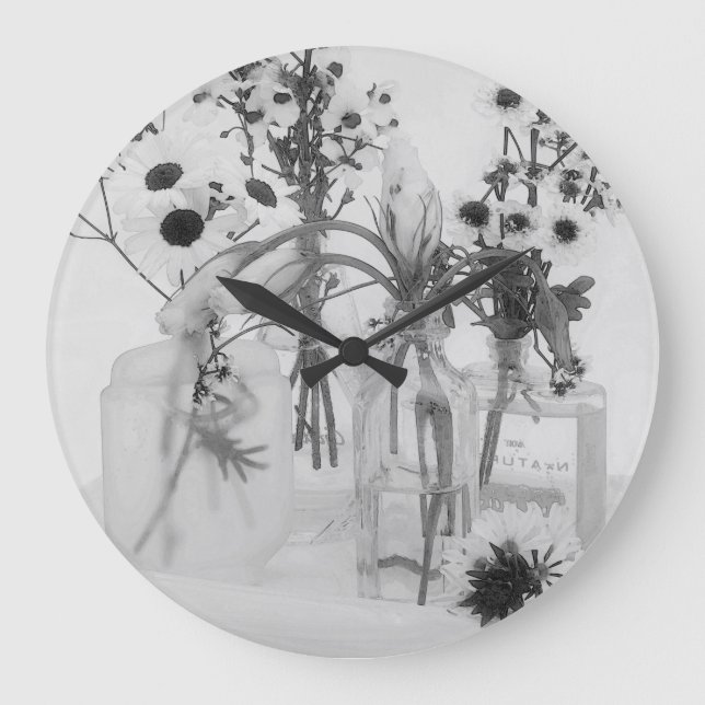 Fyra Flaskor och vita blommor Stor Klocka (Framsida)