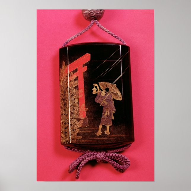 Fyra fodral inro som skildrar en man som skyddar poster (Framsidan)