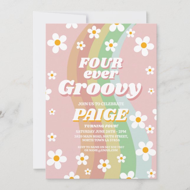 FYRA för alltid Groovy 4:e För alltid Rosa Flicka  Inbjudningar (Framsida)