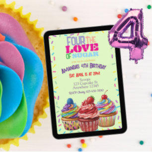 Fyra för kärlek till socker, Cupcake 4-årsdag Inbjudningar