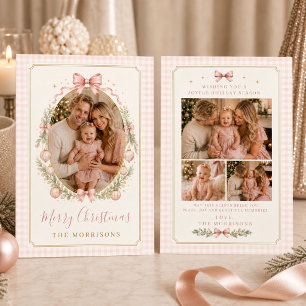Fyra Foto Rosa Band Gingham Jul Familj Julkort