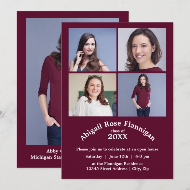 Fyra foton Collage Burgundy-Grad-meddelanden Inbjudningar (Fram/baksida)