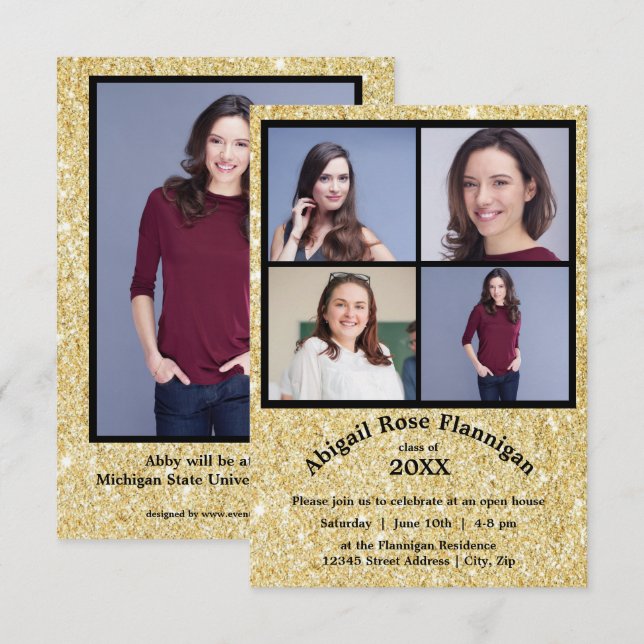 Fyra foton Collage Faux Guld-3x5Grad-meddelande Inbjudningar (Fram/baksida)