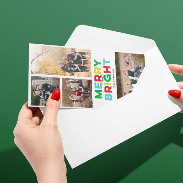 Fyra foton ger en ljus och färgstark Smala Julkort (skinny format Christmas holiday four photo card with merry and bright message in red, green and blue)