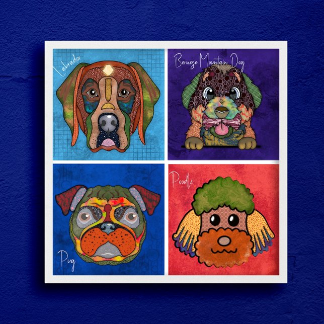 Fyra fula hund ansikte unika abstrakt-konst poster (Skapare uppladdad)