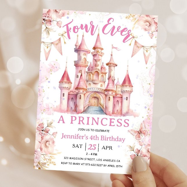 Fyra gånger en prinsessa Rosa Girl Girl 4e födelse Inbjudningar (Skapare uppladdad)