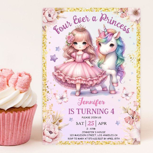 Fyra gånger en prinsessa Unicorn 4e födelsedagen P Inbjudningar (Skapare uppladdad)