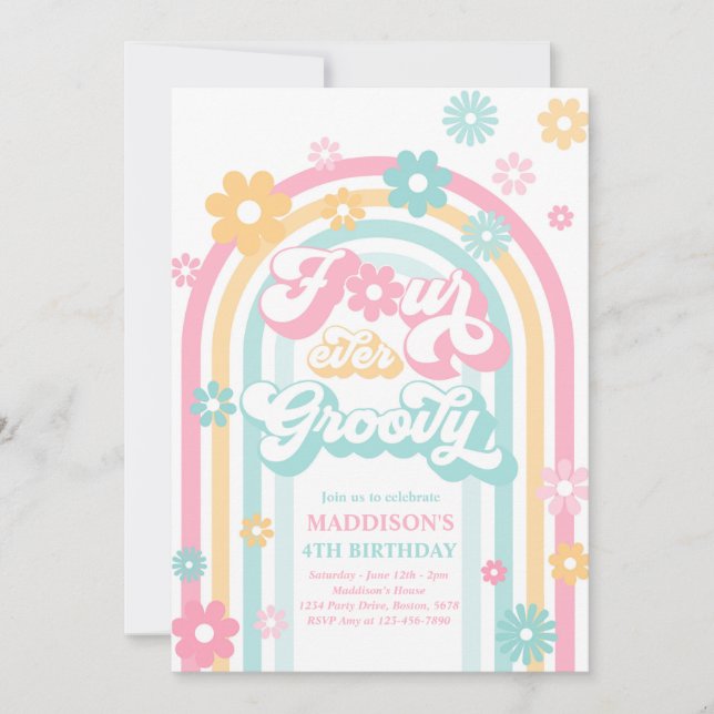 Fyra gånger Groovy Boho Daisy Rainbow 4e födelseda Inbjudningar (Framsida)