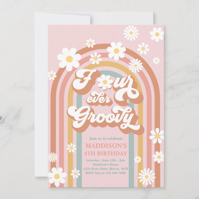 Fyra gånger Groovy Boho Daisy Rainbow 4e födelseda Inbjudningar (Framsida)