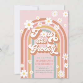 Fyra gånger Groovy Boho Daisy Rainbow 4e födelseda Inbjudningar