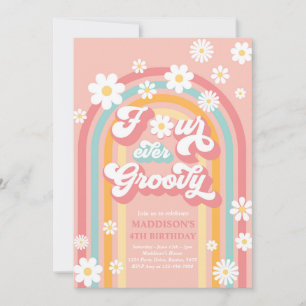 Fyra gånger Groovy Boho Daisy Rainbow 4e födelseda Inbjudningar