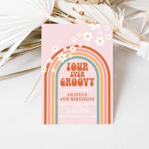Fyra gånger Groovy-daisyns regnbåge 4e födelsedage Inbjudningar