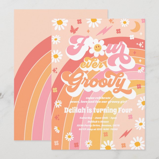 Fyra gånger Groovy Hippie Rainbow 4e födelsedagen  Inbjudningar (Fram/baksida)