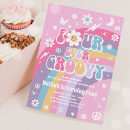 Fyra gånger Groovy Hippie Rainbow 4e födelsedagen  Inbjudningar