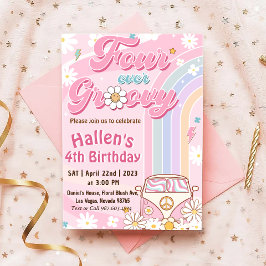 Fyra gånger Groovy Retro Boho Rainbow 4e födelseda Inbjudningar