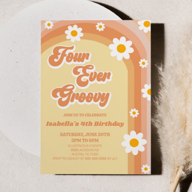 Fyra gånger Groovy Retro Daisy 4e födelsedagen Par Inbjudningar (Skapare uppladdad)