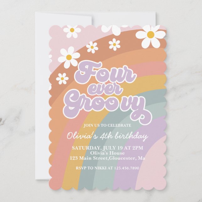 Fyra gånger Groovy Retro Rainbow 4e födelsedagen Inbjudningar (Framsida)