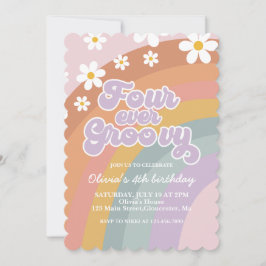 Fyra gånger Groovy Retro Rainbow 4e födelsedagen Inbjudningar