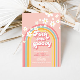 Fyra gånger Groovy Retro Rainbow 4e födelsedagen Inbjudningar