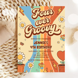 Fyra gånger Groovy Retro Rainbow 4e födelsedagen Inbjudningar