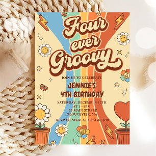 Fyra gånger Groovy Retro Rainbow 4e födelsedagen Inbjudningar