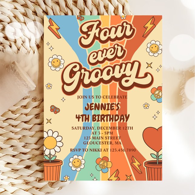 Fyra gånger Groovy Retro Rainbow 4e födelsedagen Inbjudningar (Skapare uppladdad)