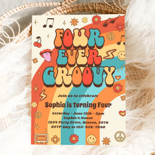 Fyra gånger Groovy Retro Rainbow 4e födelsedagen Inbjudningar