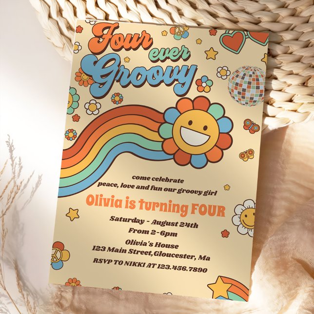 Fyra gånger Groovy Retro Rainbow 4e födelsedagen Inbjudningar (Skapare uppladdad)