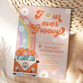 Fyra gånger Groovy Retro Rainbow 4e födelsedagen Inbjudningar
