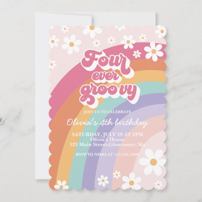 Fyra gånger Groovy Retro Rainbow 4e födelsedagen Inbjudningar (Framsida)