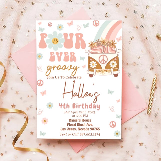 Fyra gånger Groovy Retro Rainbow 4e födelsedagen P Inbjudningar (Skapare uppladdad)