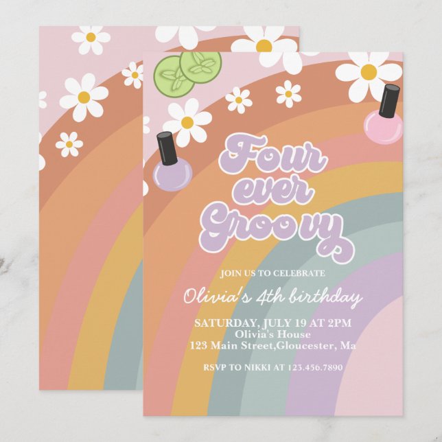 Fyra gånger Groovy Spa Rainbow 4e födelsedagen Inbjudningar (Fram/baksida)