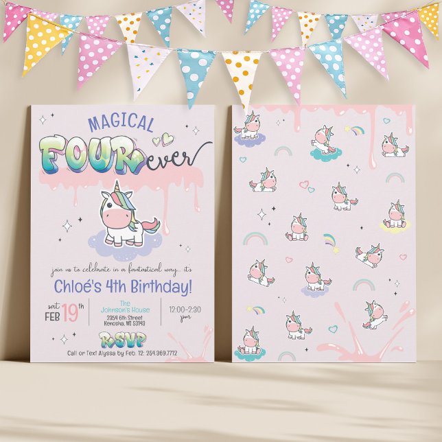 FYRA gånger Magic Unicorn Cute Girl 4e födelsedage Inbjudningar (Magical Forever cute girly kawaii unicorn rainbow pink purple graffiti magic 4th birthday invitation)