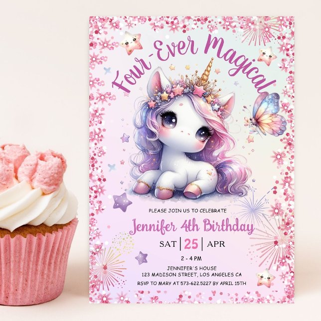 Fyra gånger magisk Rosa Lila Unicorn 4e födelsedag Inbjudningar (Skapare uppladdad)