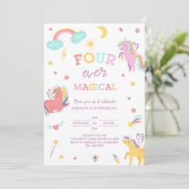 Fyra gånger magiska Unicorn 4e födelsedagen Inbjudningar